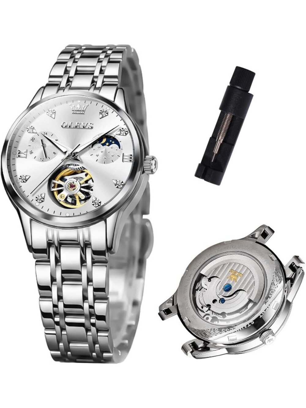 Women’s Silver White Automatic Starry Sky Diamond Bezel Luxury Mechanical Watch